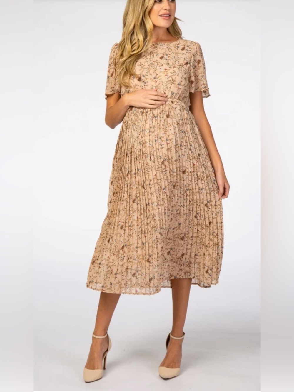 Beige Floral Pleated Short Sleeve Chiffon Midi Dress